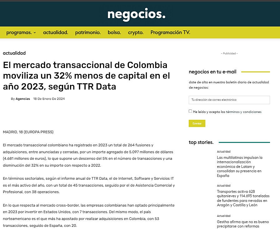 El mercado transaccional de Colombia moviliza un 32% menos de capital en el ao 2023, segn TTR Data